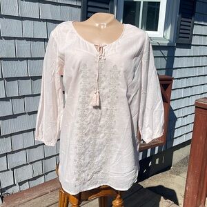 Laffaire Size Med Semi Sheer Pink Blouse -Embroidered- Tassel-Lined- Sparkle